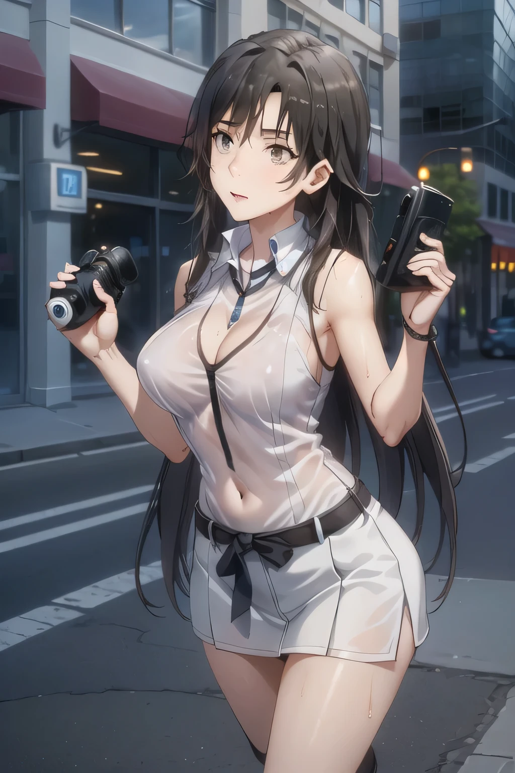 Faces are very important,Suppressed,My nipples are pointed、It's see-through when it's wet,{{X}},I'm drawing her expression more delicately,walking alone, city tour ,,(((She's wearing casual tourist style clothes))), I have a SLR camera ,(Let's draw a more delicate look),(sleeveless wool sweater),( Pleated Legs,white panties),(That work is enough for one person {X} Why don't you strike the perfect balance to curb destruction)、 That's enough,frown。unless the job requires it。 {X}、 , Attractive 40-year-old adult woman takes off her uniform, big black wavy hair, , Big Breasts, thin waist , , ,