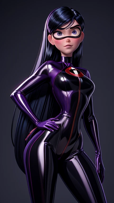 concepto de dominatriz violeta, imagen de retrato Unreal Engine 5 8K UHD de hermosa hembra, full violet latex, pelo liso con flequillo romo, violet tight latex, ponytail, futuristic design, hermoso maquillaje, mejor calidad, Obra maestra, pechos grandes, from below, legs open