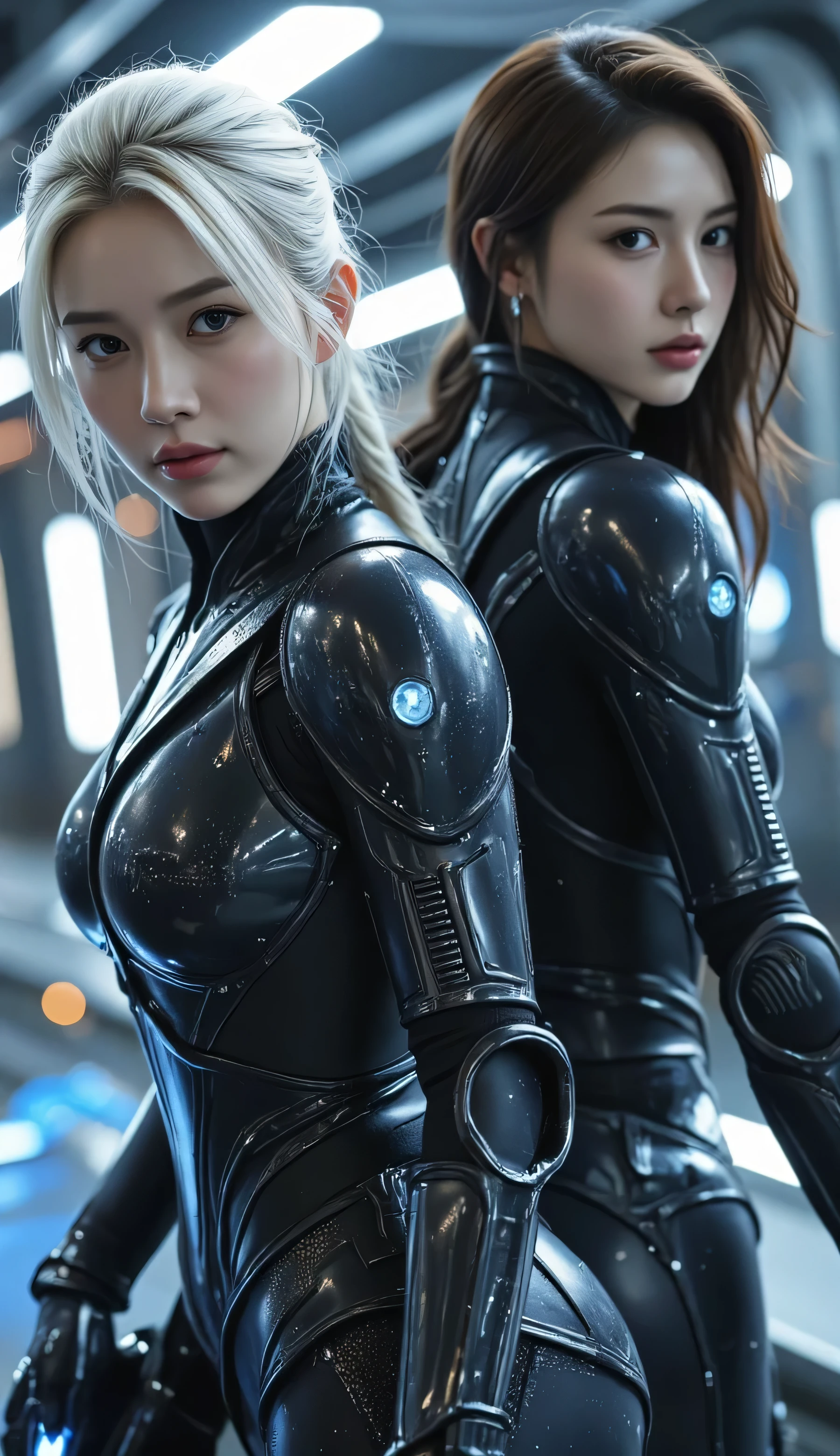 Two futuristic female warriors in sleek, revealing sci-fi armor, one with glowing blue eyes and silver hair, the other with dark eyes full of determination. Their eyes are sharp, realistic, and full of intensity. They're standing in a high-tech city with energy weapons in hand.