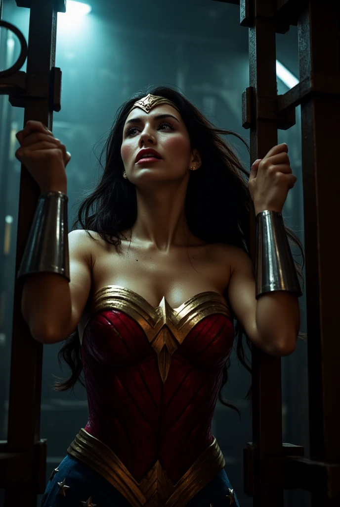 Wonder Woman surrounded by a group of men, possibly in a dangerous situation. Wonder Woman being tied up with chains. She should be depicted as struggling, but ultimately unable to escape. The chains should be wrapped around her limbs and body, restricting her movement. she should have an expression of defiance. Arms up, BDSM