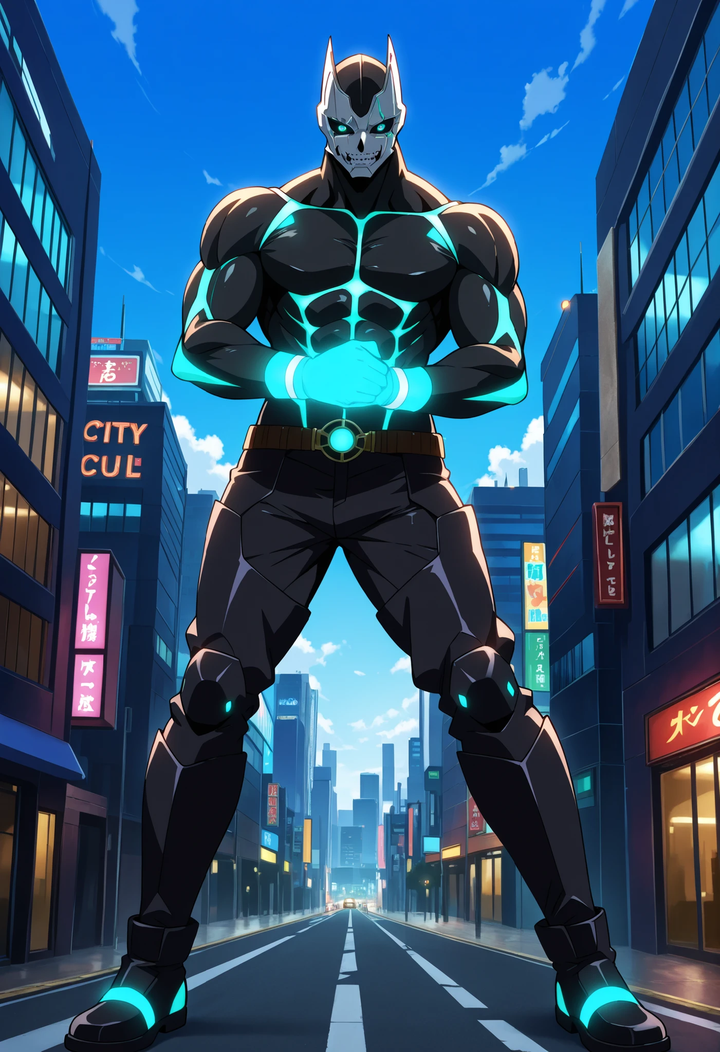 kafkakaiju, solo, muscular male, glowing, glowing eyes, aqua eyes, black sclera, black body, anime, posing with hands hidden, (macro in miniscule city), teasing, full body
