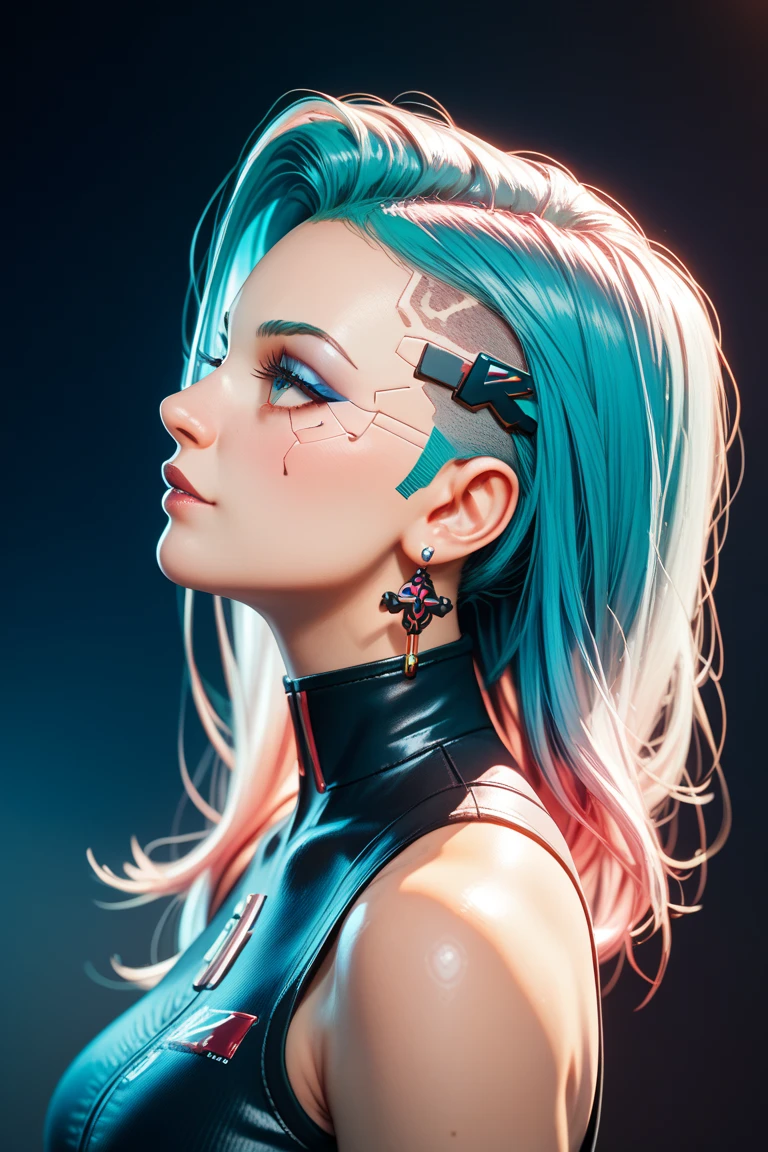 This pretty girl with bright, synthography-style eyes has short, vibrant hair, carefully styled in tons of pastel blue and pink. Her intense gaze is underscored by her multi-colored irises, which seem to illuminate the atmosphere. Her skin is smooth and translucent, with slight futuristic elements incorporated, like small glows on your face. Ela uses a soft makeup, with subtle neon touches that enhance your captivating expression. Her style is bold and avant-garde, with clothes that mix technological elements and a retro touch, like a metallic dress and holographic boots. An aura of creativity and curiosity surrounds, turning into an inspiring figure in the world of art and technology, (dark plain black background:1.4)), (master part), high quality, 1girl, Woman, tattoo, Irezumi, depth of field, dynamic lighting, high quality shadows, white hair