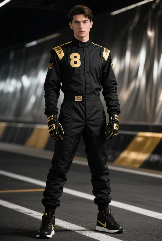 a serious looking young man, short dark hair, neatly trimmed beard, penetrating eyes, thick eyebrows, robust facial features, yellow and white form-fitting speedsuit, long sleeves, yellow boots integrated into suit, aviator goggles, (best quality,4k,8k,highres,masterpiece:1.2),ultra-detailed,(realistic,photorealistic,photo-realistic:1.37),HDR,UHD,studio lighting,extremely detailed facial features,extremely detailed clothing,extremely detailed accessories,extremely detailed background,cinematic lighting,dramatic lighting,vivid colors,sharp focus