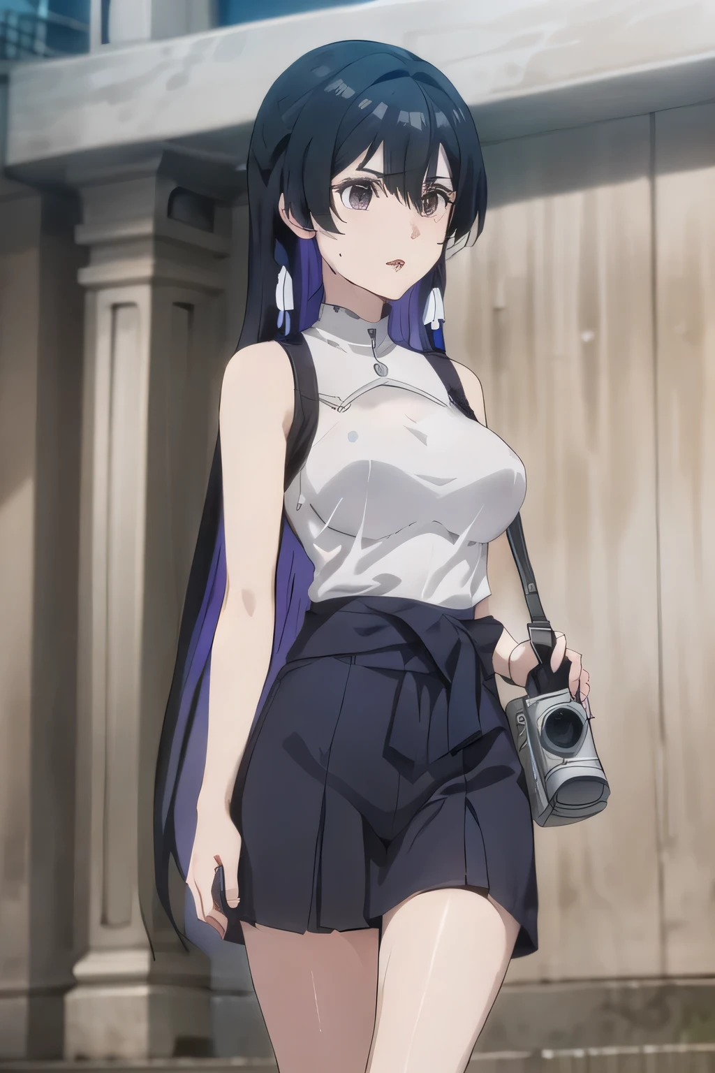 Faces are very important,Suppressed,My nipples are pointed、It's see-through when it's wet,{{X}},I'm drawing her expression more delicately,walking alone, city tour ,,(((She's wearing casual tourist style clothes))), I have a SLR camera ,(Let's draw a more delicate look),(sleeveless wool sweater),( Pleated Legs,white panties),(That work is enough for one person {X} Why don't you strike the perfect balance to curb destruction)、 That's enough,frown。unless the job requires it。 {X}、 , Attractive 40-year-old adult woman takes off her uniform, big black wavy hair, , Big Breasts, thin waist , , ,