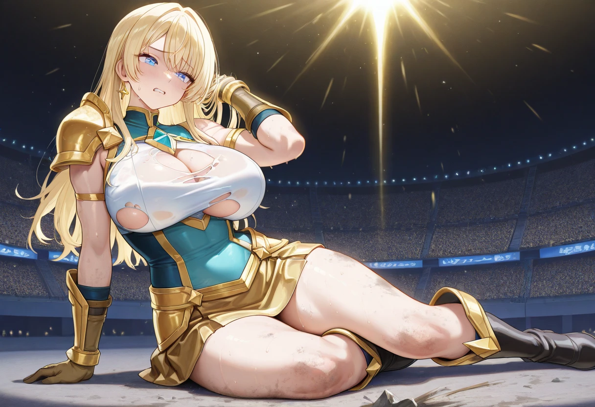 inside locker, sarielx, god rays, gold armor, underboob, gold skirt, gold boots, (locker room background), anime cels style, best quality, high resolution, 1girl, (huge breasts:1.2), beautiful face, cowboy shot, heterochromia, braided ponytail, braided bangs, smiling, looking at viewer