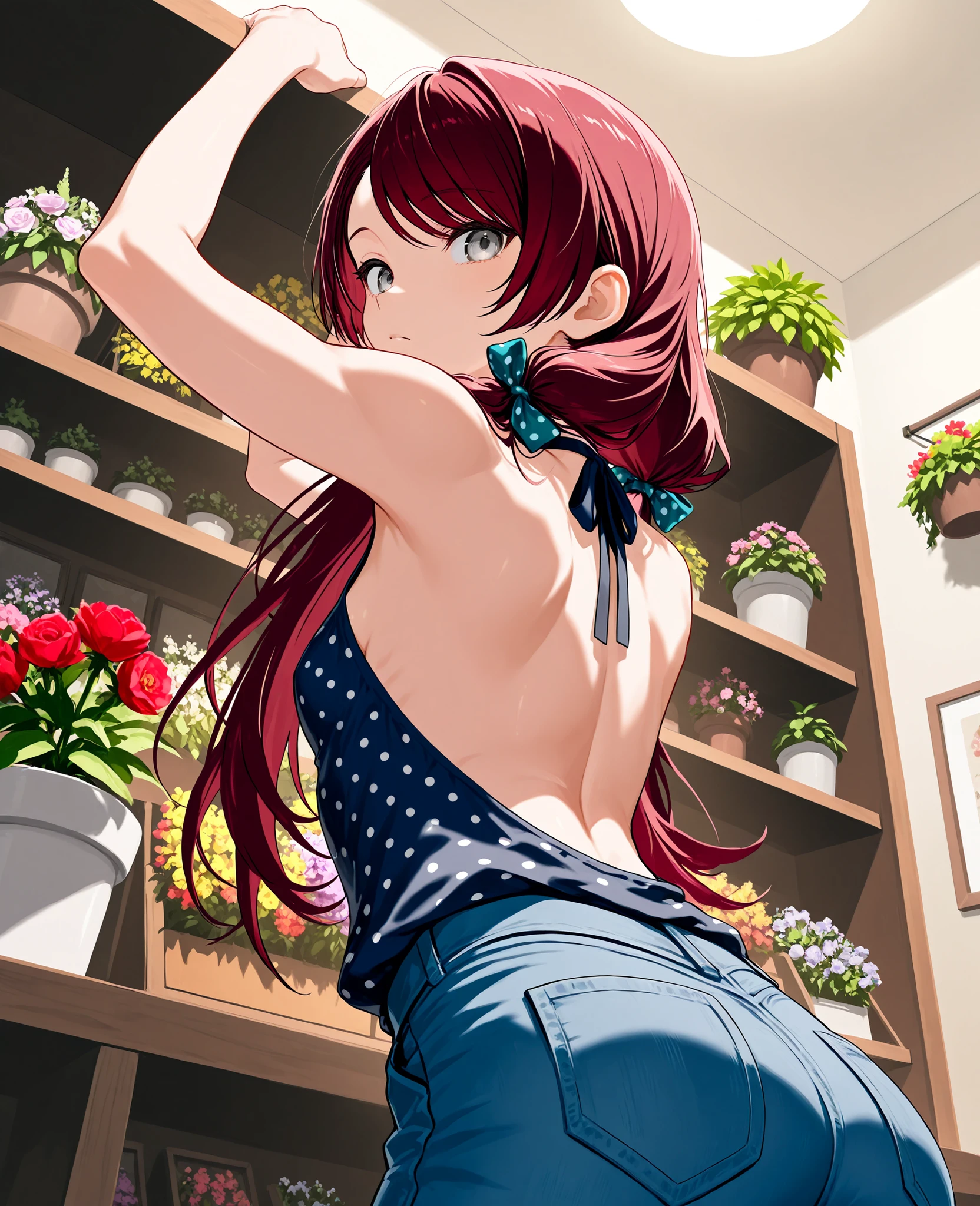 score_9, score_8_up, score_7_up, 1girl, solo, back view, from below, reaching up to set potted flowers on shelf, arm up, leaning, long low twin tails, gray eyes, dark red hair, long swept bangs, thin, close up, small breasts, slightly toned arms, backless sleeveless halter neck shirt, dark blue shirt, polka dot shirt, baggy shirt, blue jeans, hair ribbons, polka dot ribbons, flower store,