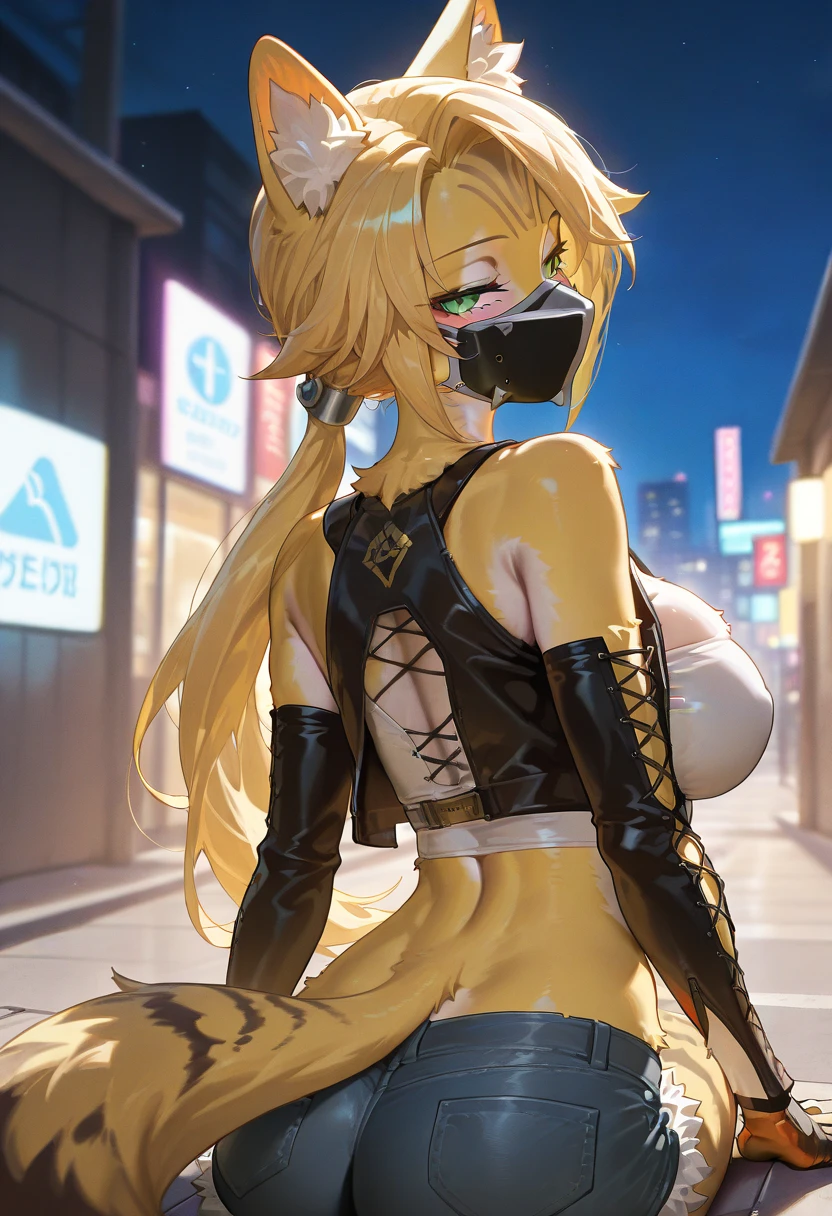 masterpiece, best quality, ultra-detailed, cinematic lighting, beautiful lighting, detailed background, detailed iris, detailed eyes, shading, intricate details, ((sharp, dynamic pose, expressive eyes)), ((4k)), ((2d, 2d art)), digital art, solo, outdoors, 1girl, smile, animal ear fluff, navel, hairband, tape mouth gag, crop top, long hair, animal ears, breasts, clothing cutout, black shirt, shirt, shoulder cutout, fox girl, orange hair, hands tied up together, bangs, cowboy shot, pants, white gloves, animal nose, gloves, fox ears, abandoned street, furry female, night, looking at viewer, orange fur, long sleeves, ribbon, black pants, black hairband, clenched hands, sky, tail, hair ribbon, fang, midriff, black ribbon, medium breasts, fox tail, very long hair, orange eyes, stomach, heart, body fur, sidelocks, white fur, shiny, small breasts, scenery, fur trim, blonde hair, legs tied up, laying down on side, breasts exposed, nipples
