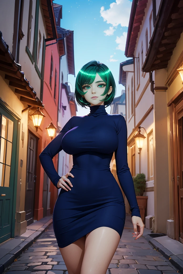 1girl, Peli verde, small bosom, muslos, vestido corto negro, Tatsumaki, Tatsumaki, viendo al espectador, fondo de pantalla celular, Tatsumaki S-Class Hero, --auto