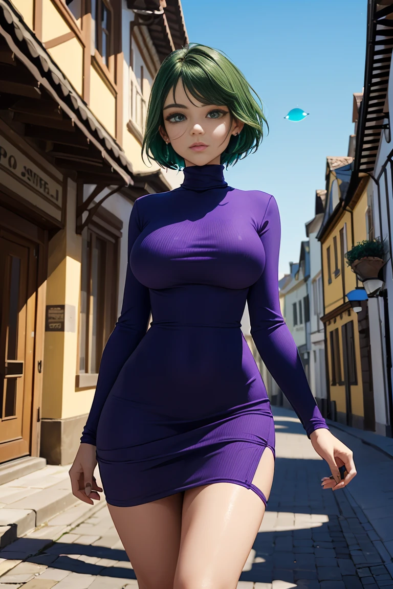 (ultra realistic,32k, masterpiece:1.2),(high detailed skin:1.1),( high quality:1.1),
<lora:PPGZ-Kaoru_Matsubara:0.8>ppgzkor,envy, green eyes,bright pupil,  navy blue hair, short hair,(purple long slevee turtleneck dress, short dress:1.1),,  village, quaint houses, charming streets, community,, huge breast,large breast,(looking at viewer, standing, from below:1.1),, <lora:add_detail:0.94>,
(bioluminiscent:1.1),