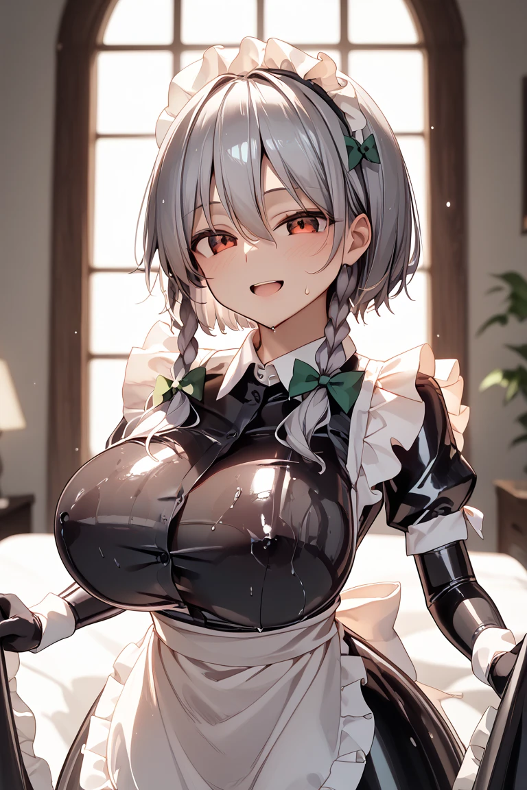 best quality, masterpiece, 1girl, (solo:1.1), raytracing, ultra detailed,detailed face, 8k wallpaper, wide hips, <lora:more_details:0.5>, smile, outdoor, NoelleGenshin_NDV, 1girl, grey hair, large breasts, short hair, green eyes, maid headdress, maid suit, armor, cleavage, rose, braid, <lora:NoelleGenshin_NDV:0.7>, thighhighs, dress, apron