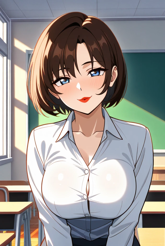 、(masterpiece、Highest quality)、Highest quality, Ultra-high resolution, (((masterpiece))), alone, Sweat、Big eyes, Composition from the front、Shortcuts、Embarrassed face、Blonde Hair、Cut your hair short、School classroom、Sailor suit、skirt、short hair、Browsing Caution、Upper body naked、Breasts exposed、Nipples、Large areola、Sitting in a chair without a backrest、Internal Medicine Examination、Woman showing her body、belly button、真Composition from the front、School Insurance Office、curtain、cubicle、window、door、Fluorescent lamp