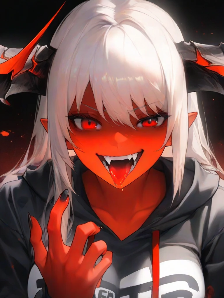 Female, Girl, White hair, Ponytail, canine eyes, white lipstick, animal features, human ears, animal eyes, sharp teeth, feral look, angry