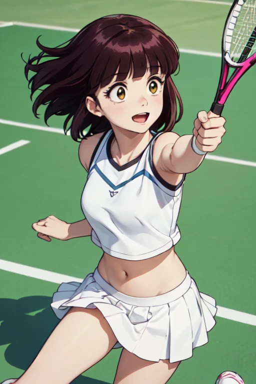 1 girl playing tennis, pony tail, 
moment of she hits back with opponent's smash ball, 
dynamic effects, motion effects, dynamic hair,
in tennis court, 
view from ground, 
masterpiece, best quality, extremely detailed, (gainax:1.3),
crisp image, sharp image, clear image, vivid image,
(finely detailed face, finely detailed eyes), (finely detailed hair),
highly detailed background,