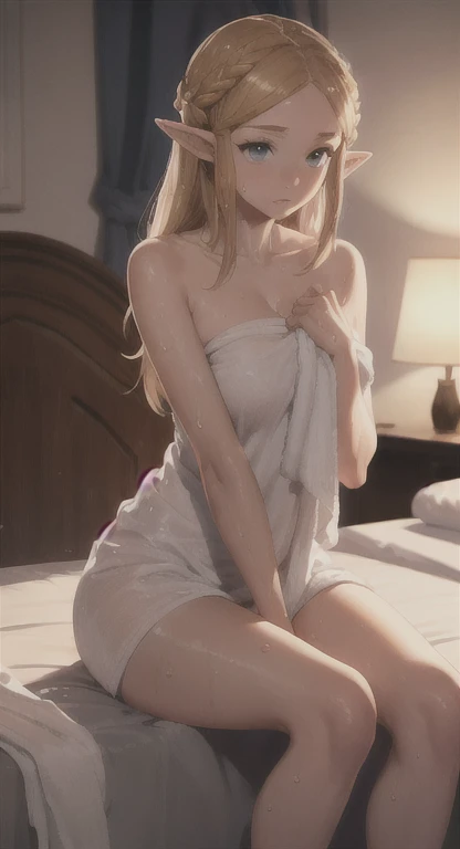 anime styled, Anime Artwork,The ultra -The high-definition,超A high resolution,An embarrassed expression of pleasure with one eye closed, Pretty lips,beautiful a girl,long eyelashes, Twin tails bundled with a red ribbon,a blond,length hair, A sheer bra with a thin and simple design,No , Pantiesthrough,(barechested:1.4),(see -through:1.4),areola is showrough, Almost full nudity,bare-legged,o legs,Open crotch,Draw the whole body from the top of the head to the toes。Bed with pink bedding,Crotch wide open,legs wide open,Full view of the crotch, On the verge of climax