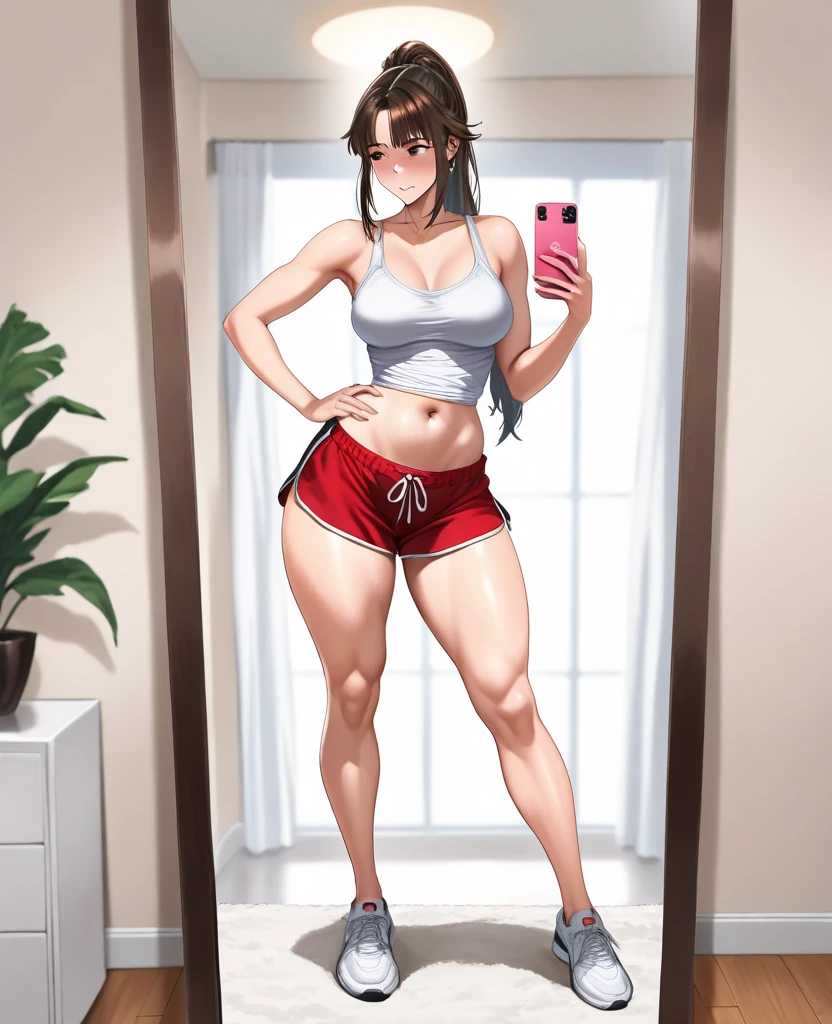 there is a woman taking a selfie in a mirror, her belly is fit, large thighs, insanely fit hips, wide hips, skinny waist and fit hips, fit body, fit pic, varying fitness