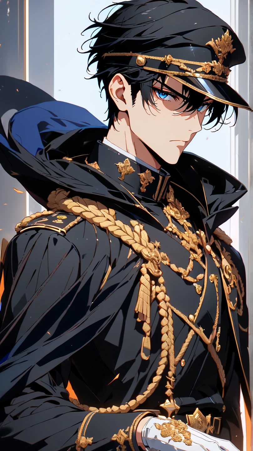 absurdres, highres, ultra detailed, HDR, master piece, best quality, extremely detailed face and eyes, perfect face, Trafalgar Law, expressive grey eyes, black hair, One Piece, solo, sexy man, handsome, black coat, black tight shirt, white hat, clock mechanical moon, fantasy, chains, fireflies