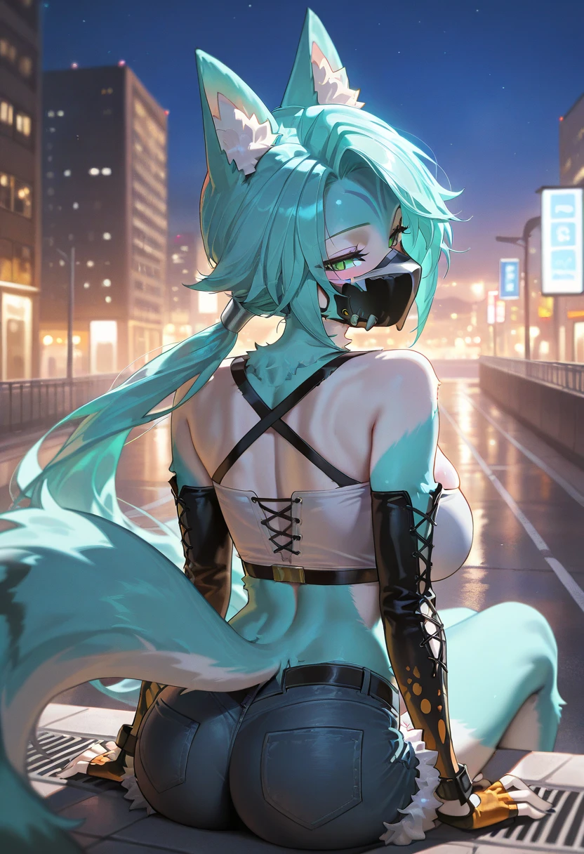 (best quality:1.1), (masterpiece:1.2), (solo), (upper body), looking at viewer, ((white and blue fur)), long blue hair, blue eyes, ((cat girl)), ((black bikini, underboob, black pants, black tactical clothes, pet collar)), ((serious expression)), (((night city background)))