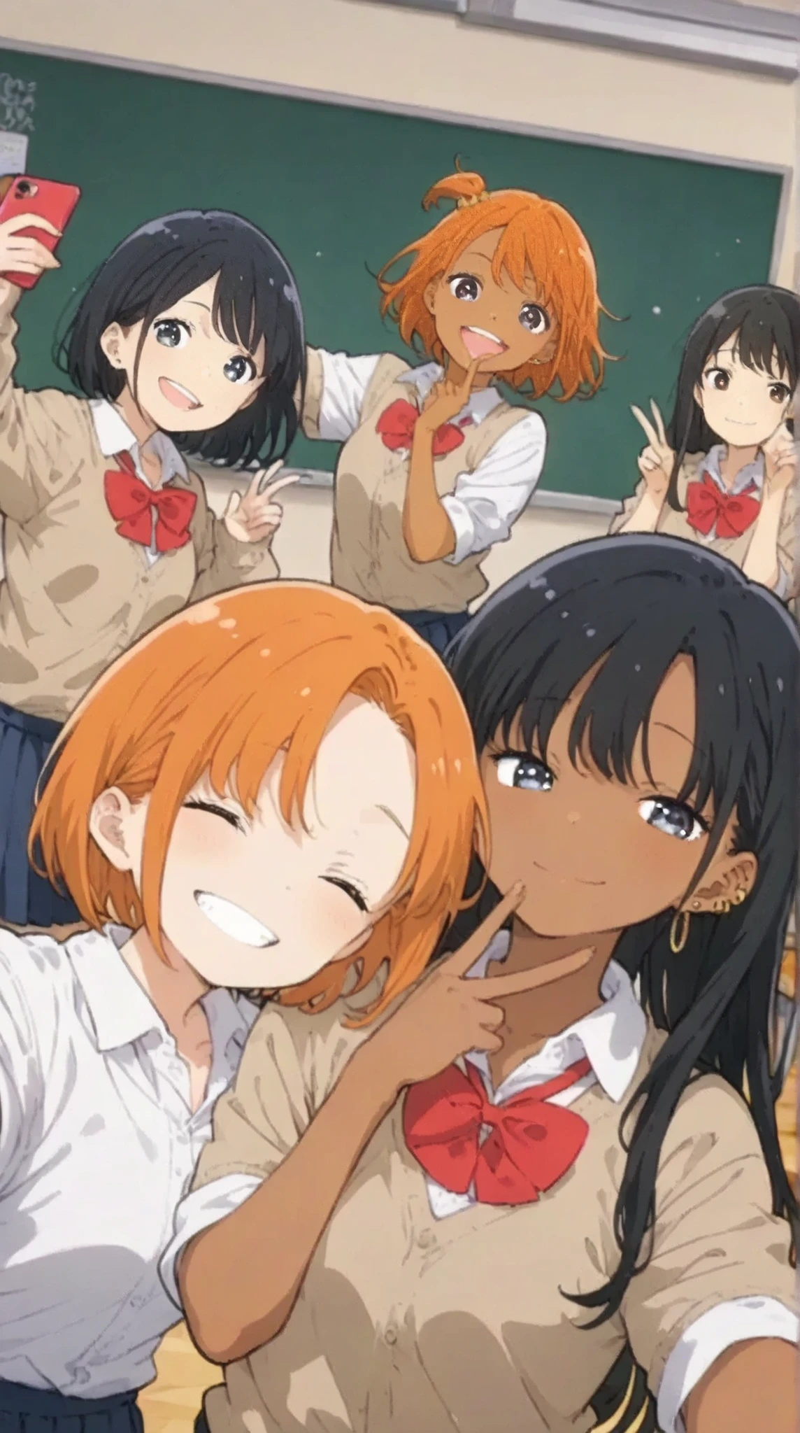 High school girls happily taking selfies、Women's A 、(brown skin, Gold,Gyarupi、Smiling face)、Girl B 、(long black hair、piercing、posing in good looks)、Women's c、(orange hair、short bob、dancing)、all looking at the camera、Classroom、There are a few students