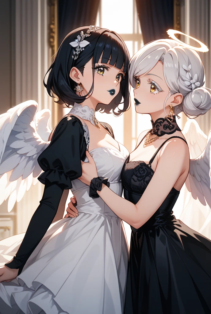 (((Masterpiece))), ((top quality)), two beautiful girl is deeply in love with each other, kiss, bangs, (long hair:1.5), (((big breasts))), 23 years old, (Gorgeous white, grey and black ruffled dress:1.5), race, beautiful digital artwork, beautiful fantasy art, (The background is plain:1.5)