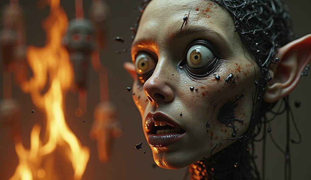 Tim Burton inspired, A dark gothic scene depicting a half-turn porcelain cute cyborg girl, drowning in the pits of hell. mega detailed cyborg body, rusty beautiful cyborg, mechanical gear parts on the body, biomechanical beauty, white (((with rust))) biomechanical parts, Esao, electric. The environment is a gloomy underworld landscape, filled with glowing embers and stretches of ash under ominous dim light. The atmosphere is eerie and foreboding, with a fiery backdrop hinting at the heat of hell.
