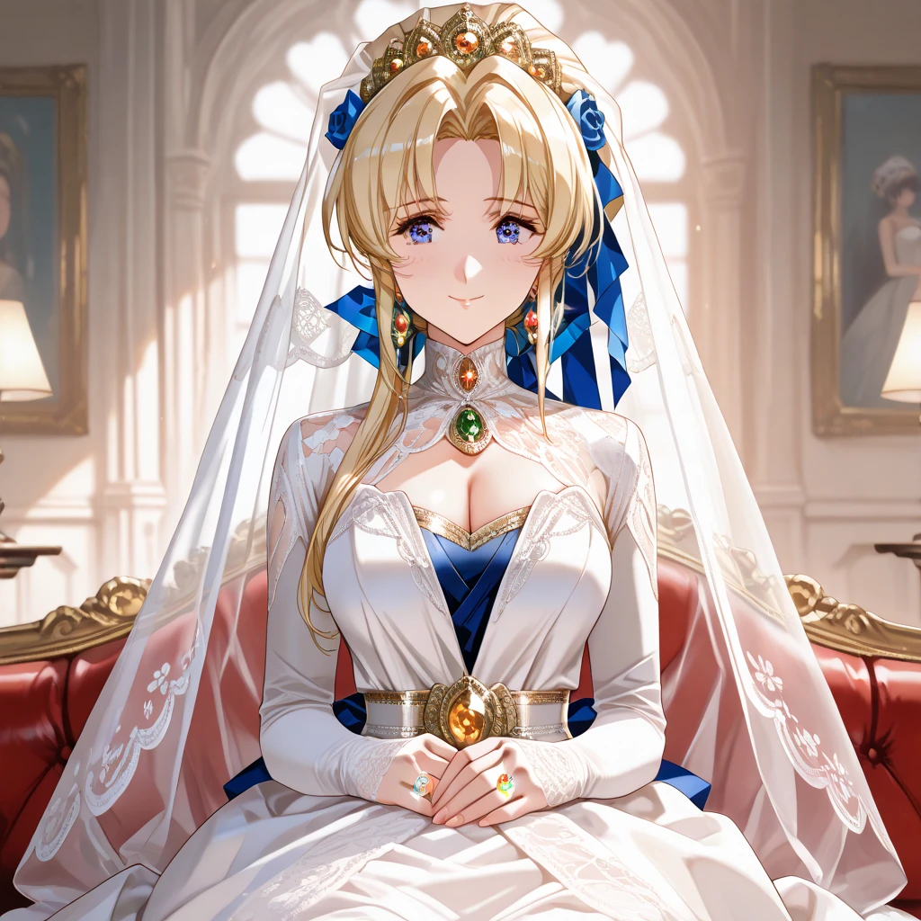 (shoujo-style), (floral background), (romance manhwa), 1girl, blonde hair, solo, jentle smile, long hair, flower, dress, tiara, white dress, gloves, long sleeves, choker, green eyes, mascara, makeup, white gloves, black bow, black flower, wavy hair, bow, jewelry, looking at viewer, white background, collarbone, puffy sleeves, silver accessories, cleavage, parted bangs, very long hair, blue dress, frills, bangs, closed mouth, detailed eyes, (close up), gleaming skin, shiny glossy skin, dynamic cut