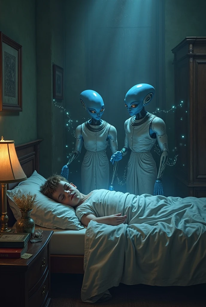boy sleeping, and a television-type screen is projected onto the wall where there are two blue-colored Grey aliens, wearing blue colada t-shirt