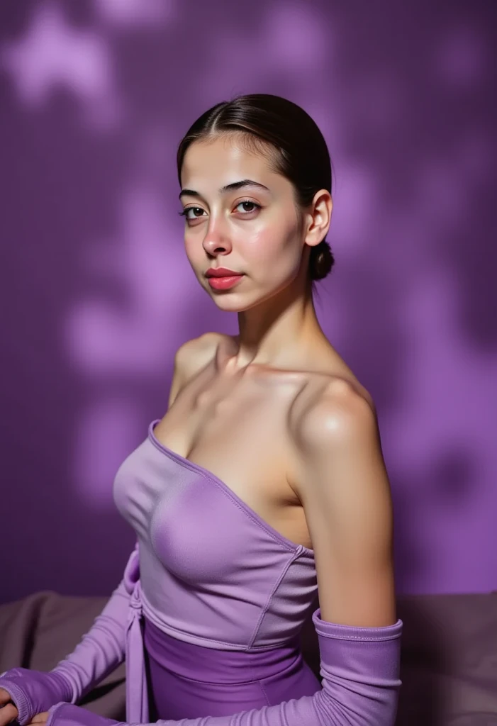 Fait une illustration dark fantasy, image minimaliste d'une femme Elfe en violet de minuit avec un fond noir et or, présentant un style artistique fantaisiste et surréaliste avec des effets de lumière spectaculaires et des couleurs vibrantes, reflétant un style hyper réaliste et pictural
