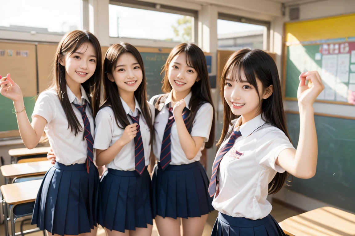 (3girls), cute face, Best Quality, realistic, raw photos, professional photograpy, (School uniform, pleated mini skirt), We don’t laugh because we’re happy – we’re happy because we laugh, focus on the girls,