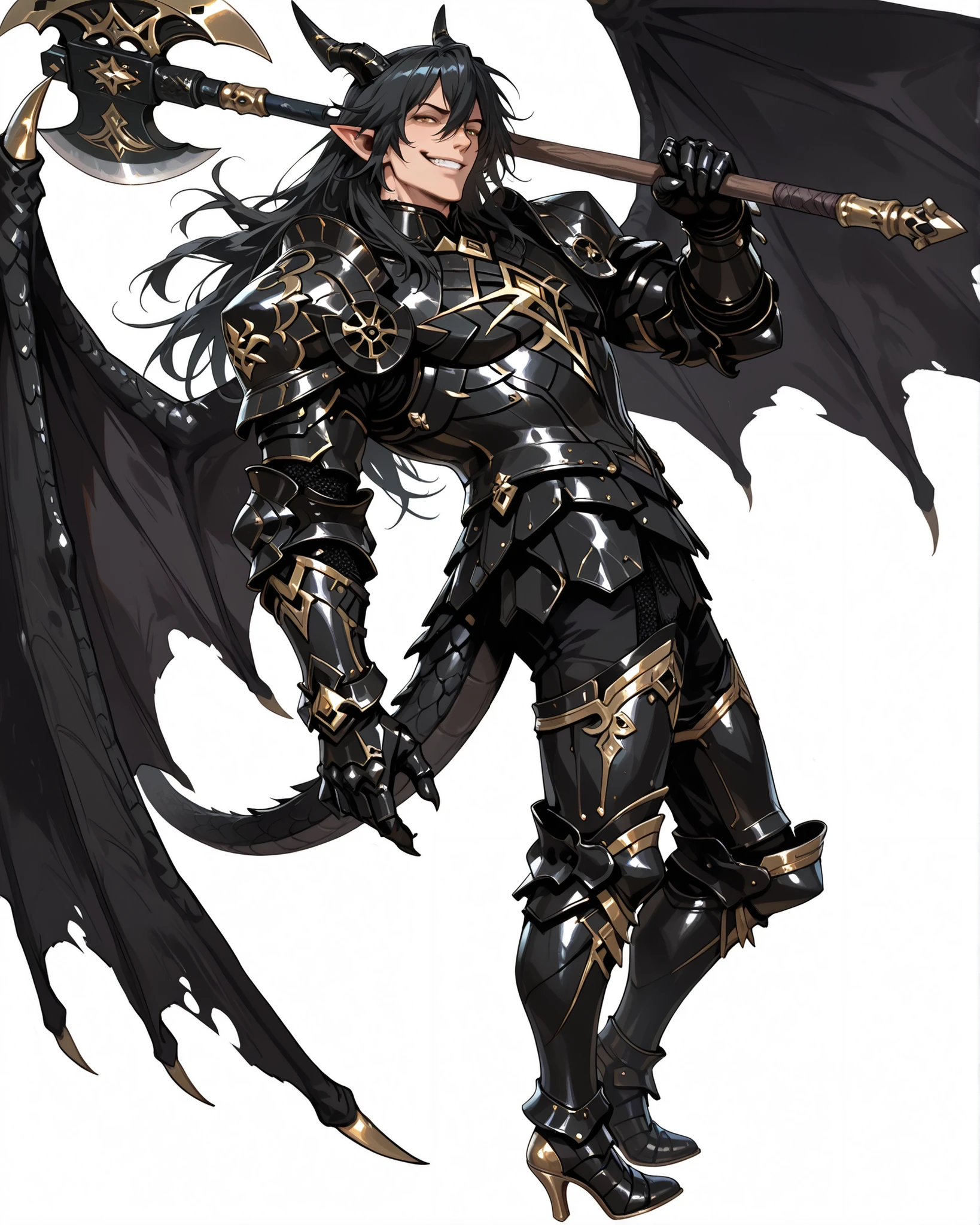 score_9, absurdres, (masterpiece, best quality: 1. 5), highres, 8K wallpaper, CG, (((Anime))), (1 male), solo, lean body, (bulging muscles, masculine), (floating in the air), weredragon, japanese anime style, glossy black, shiny black leather, ((beautiful golden eyes, finely detailed eyes, bright eyes, vertical iris)), hair between eyes, black hair, long hair, sideburns, wild hair, unkempt hair, thick and luxuriant hair, (sly grin, smirk, evil smile), teeth, confident, ((ultra detailed face)), shiny skin, long pointy ears, twisted torso, long-legged, sculpted face, wasp waist, dragon horn, dragon tail, dragon wings, dragon sharp claws, (black armor with a lot of grandiose decorations), half dragon half human, dramatic angle, dynamic posture, (((holding giant axe on shoulder))), ultra detailed black armor, black armor with gold accent, all black outfit, full body, emphasize face, sharp focus, good-looking man, well-polished black armor, charismatic pose, (best illustration), cinematic, dramatic lighting, (intricate detail, super detail, extreme detailed, super detailed: 1. 5), (highly detailed artwork), dramatic shadows, tenebrism, chiaroscuro, wonderful pose, chiseled features, stark contrast, heavy shadows, detailed black decorations, beautiful and aesthetic, photoreal, from side, (mysteriously crafted black metal armor: 1. 5), sparkling accessories, (ultra detailed fantasy black armor), dressed in black, broad shoulder, true-to-life visuals, artistically refined, dramatic contrasts, ((extremely delicate and beautiful armor, elaborate armor details)), (dark armor, stylized armor), exquisite goldwork, wonderful black armor, armor with intricate engravings, ((armor-type high heels)), ((detailed shoulder armor with intricate engravings, gold accent black armor)), (128K Ultra High Resolution), very gorgeous and dazzling, dark fantasy black knight, slim waistlines, wide chested, sinewy body, simple white background, (((Hyper Detailed & Perfectly Designed Black Armor)))