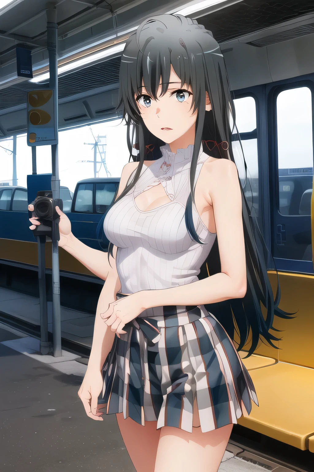 (((masterpiece, Highest quality:1.5,absurdres))),nsfw,25 year old beauty,solo,((very small head:1.3)),long hair,bangs,(dark blue hair),dark blue eyes,gorgeous eyes,tears,open mouth,drooling,medium breasts,((very long body:1.3)),((toned body,slender body)),skinny,((tan skin:1.5)),gleaming skin,shiny skin,sweat:1.3,(White tank top、Yellow pleated mini skirt,Love juice),White sneakers、barefoot、standing,subway、Inside the train、New York City、