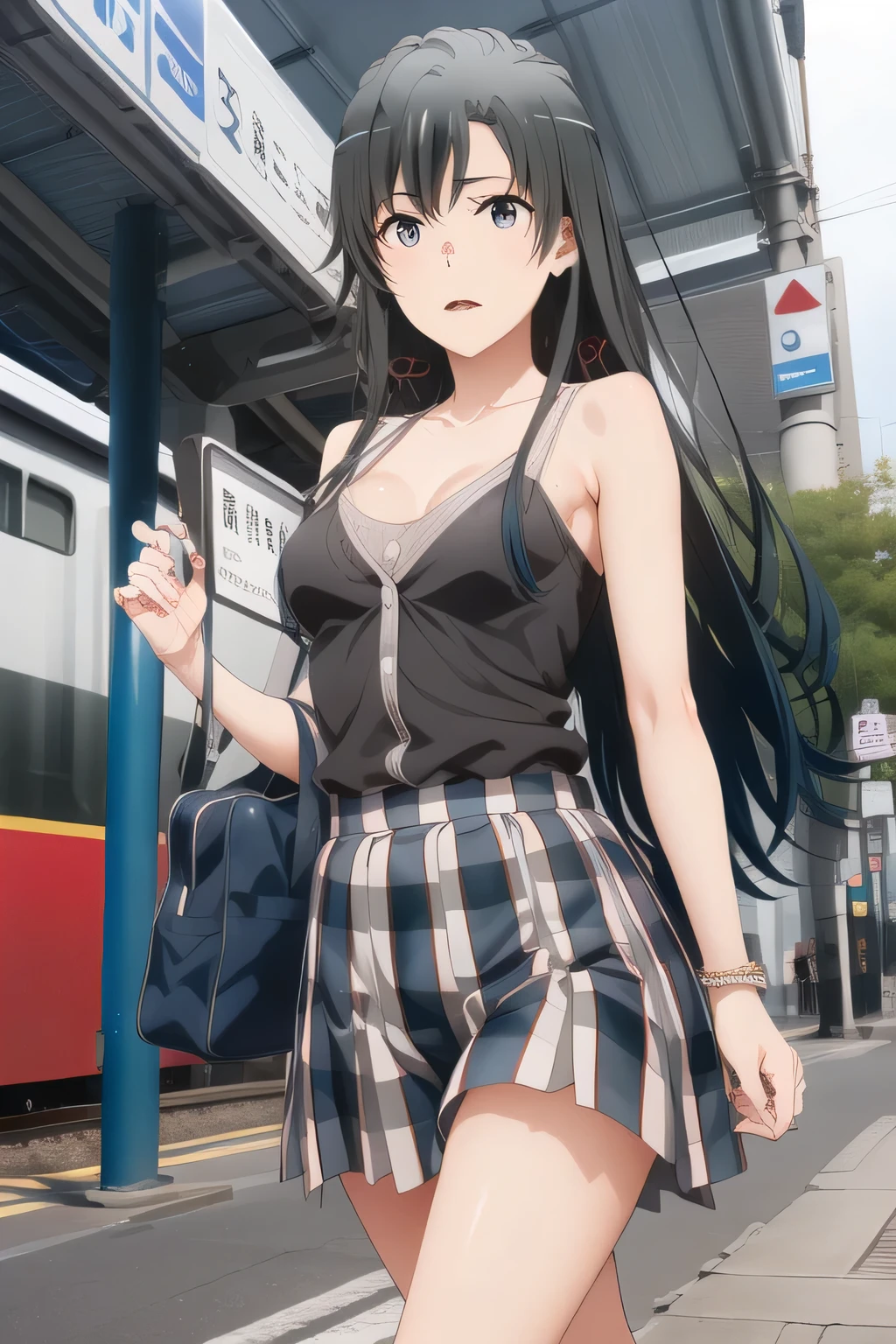 nice smilesの20歳の成人女性,Please draw long black hair,Big BreastsをさらにBig Breastsに描いて下さい,Big Breastsでもウエストが細い,nice smiles,Can you draw a woman looking at a train,draw a woman waiting in front of the car in front of you,東京の地下鉄ホームでwaiting for the train女性は描けますか, ,congestion,waiting for the train,fun,Underground railway stations ,The sign hanging on the wall,{{X}},Please describe her look in more detail,walking alone, city tour ,,(((I'm wearing casual tourist-style clothes))), I have a SLR camera ,(Let's draw a more delicate look),(sleeveless wool sweater),( Pleated Legs,white panties),(That work is enough for one person {X} can you draw a competitive swimsuit)、 That's enough,frown。unless the job requires it。 {X}、 , An attractive 40-year-old woman takes off her uniform、jump off, big black wavy hair, , Big Breasts, thin waist , , ,Faces are very important,