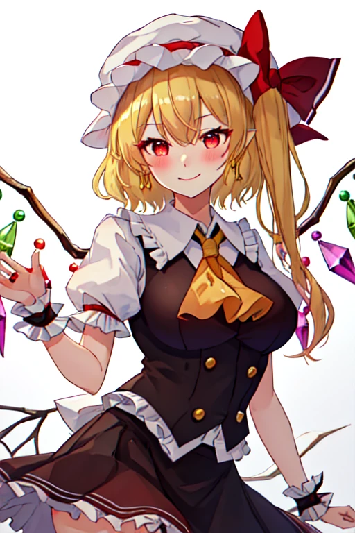 (masterpiece),best quality, expressive eyes, perfect face, 1girl,
big breast, H-cup, good breast, beautiful, gorgeous,anime,girl,lora, floating clothes, tent chest ,
hands on waist, hands on hips, nipple visible though clothes,flandre scarlet,
1girl,blonde hair,mob cap,hair bow,bowtie,side ponytail,wings,short sleeves,vest,ascot,1wings,1 pair of wings