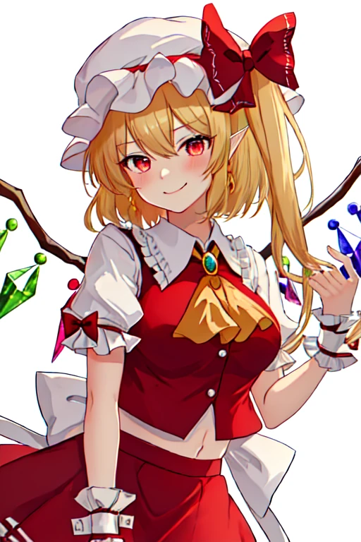 masterpiece, top quality, super detailed, CG illustration, high resolution, better lighting, best shadows, very delicate and beautiful, proper shading, hd, 8k,flandre scarlet, breasts, looking at viewer, blush, smile, short hair, open mouth, 1girls, blonde hair, simple background, red eyes, hat, white background, bow, swimsuit, hair bow, heart, small breasts, wings, pointy ears, fang, red bow, one-piece swimsuit, covered navel, siblings, one side up, school swimsuit, mob cap, crystal, name tag, pink headwear, old school swimsuit
