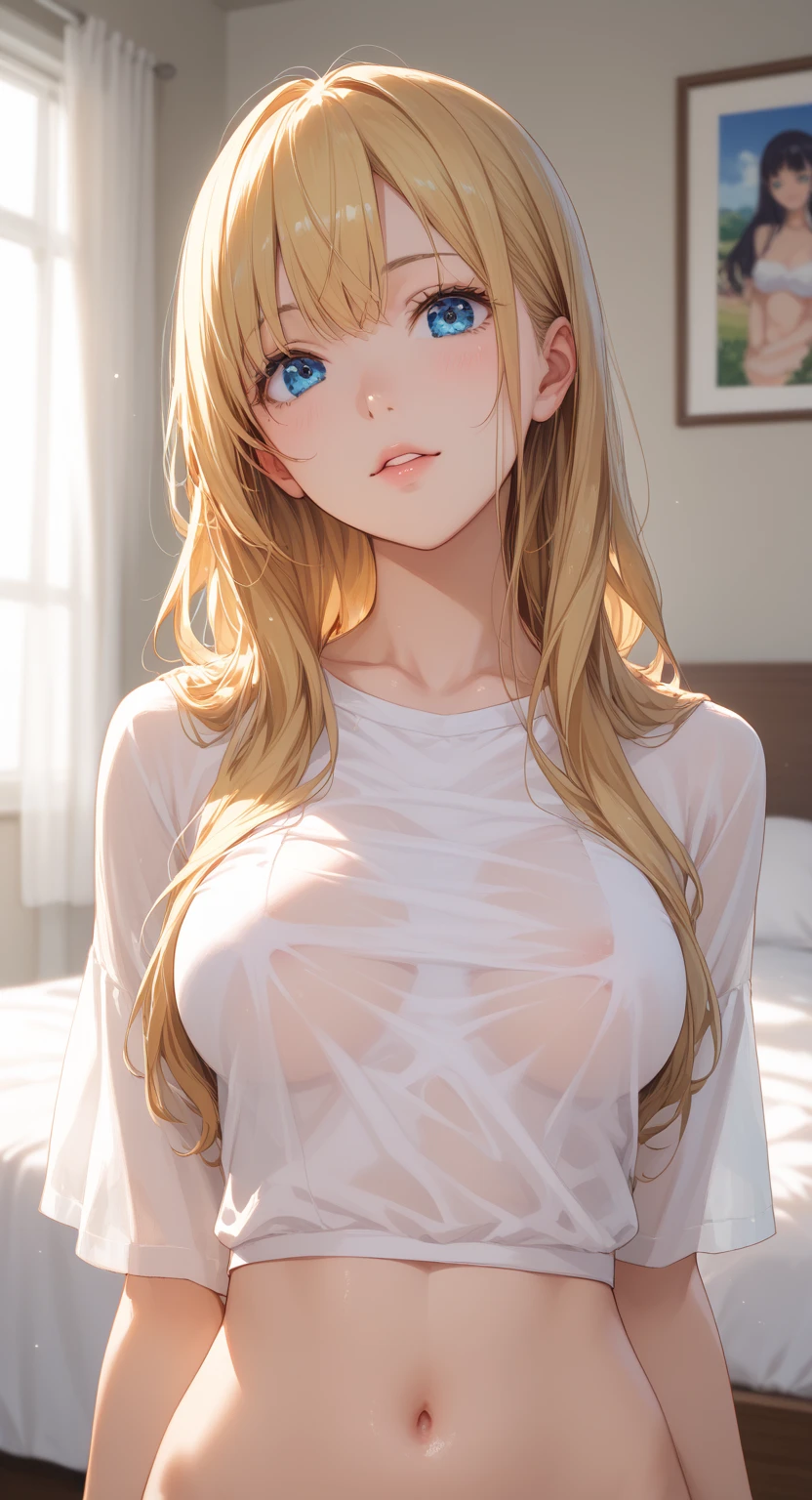 Anime style, Highres, Masterpiece, Best quality at best, High-quality illustrations, Best Quality, hight quality, hight detailed, realistic, 1 Girl, , Blonde, tomboy girl, cute face, adorable girl, Simple beckground, Cheerful girl, Tank top, Body, (showing armpit:1.3), Smooth armpit, girl focus, Uhd, 4k