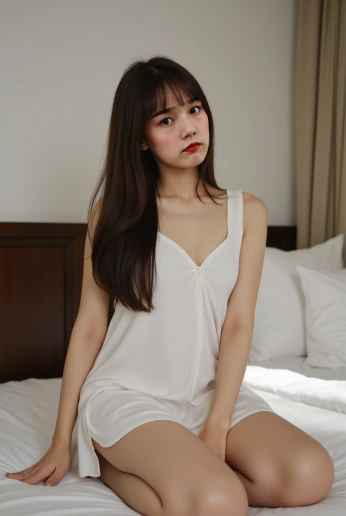 Jessica Jones, beautiful 18 year old girl, Cara hermosa, piel blanca, cabello negro, ((black hair)) ((piel palida)), pecho mediano, culo perfecto, Piernuda,, ((cara perfecta)), ((sonriente)) ((pale skin)), ((vestido de pijama)),obra maestra, ((), ((5.08 pies)), sexy, ((symmetrical eyes)), lleva un vestido como pijama, ((pale)), red lipstick, cute cheeks, random skin moles