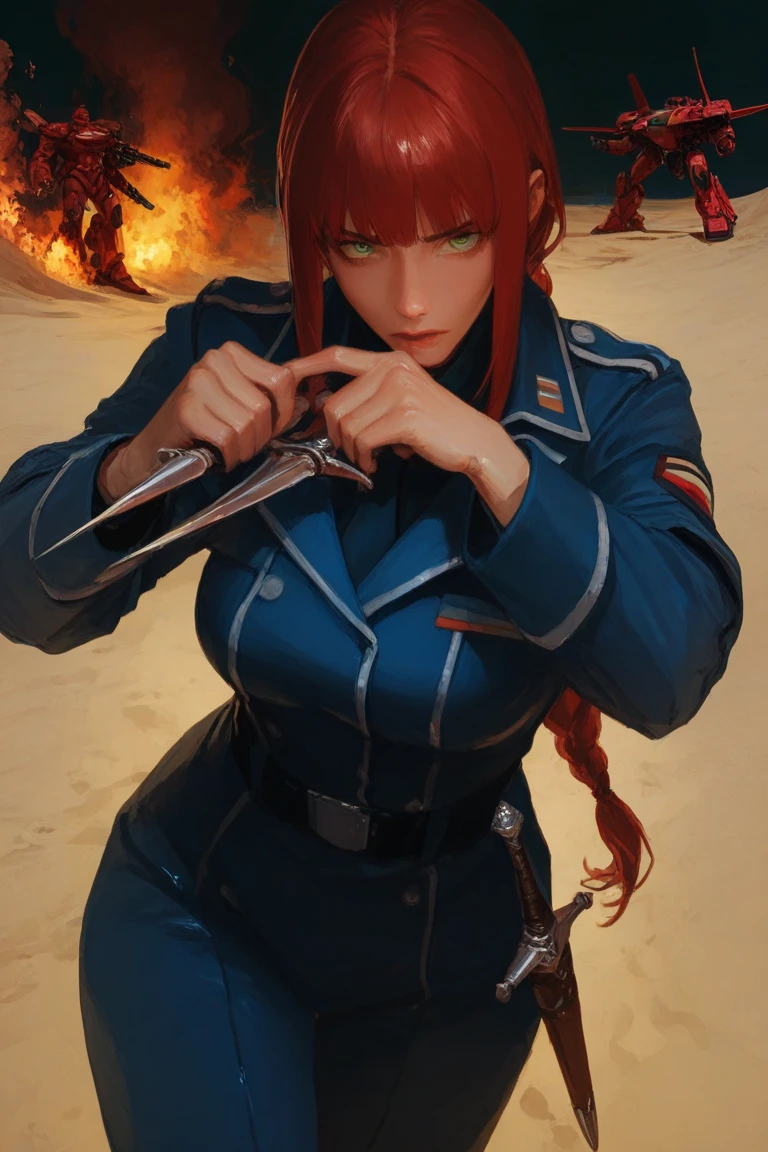 1个Giant Breast Girl, redheadwear, blue color eyes, The sword,  Fire, Looking back sideways at the anime game corner lind box toy style, 8k, super detail, UHD