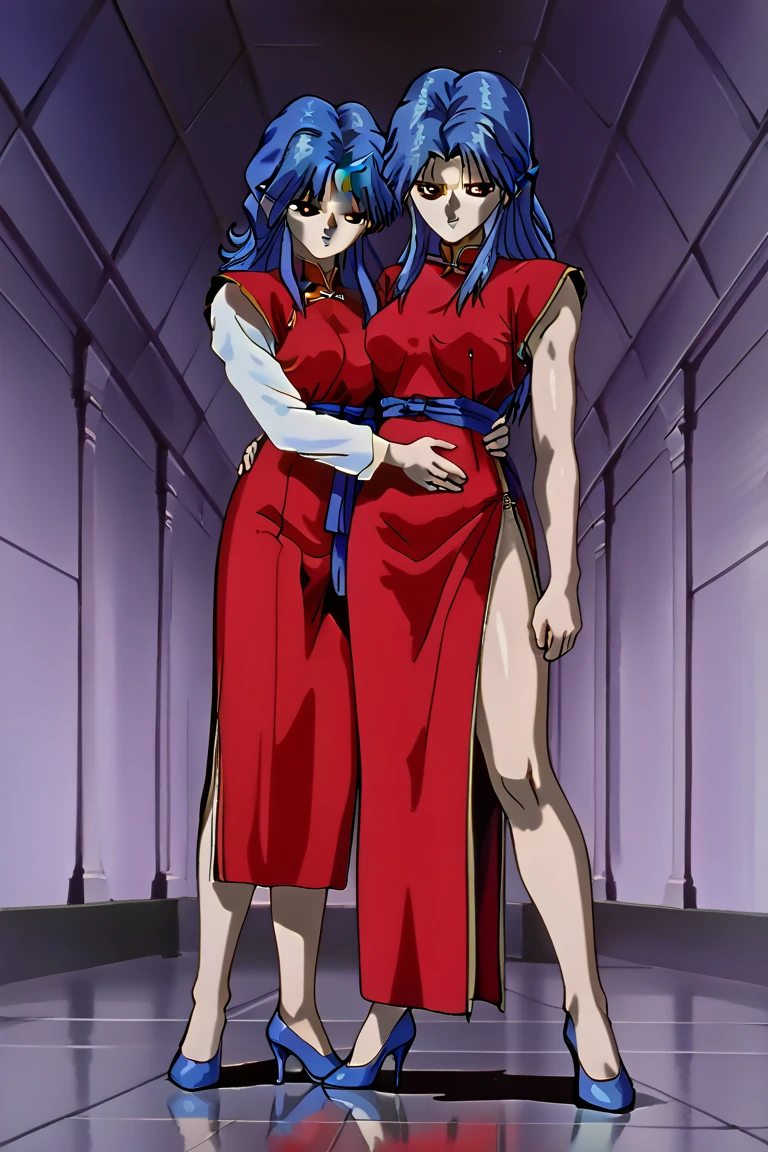 leotard, calm facial exprecion, blue hair, red eye, leotard, big shoulders, sleeves, medium breast, boots, long hair, skirt, smile, half lips stic inferion lip, red lipstic, long hair, messy hair, smile, ong hair, standing solo, full body, boots,, body suit, mini skirt