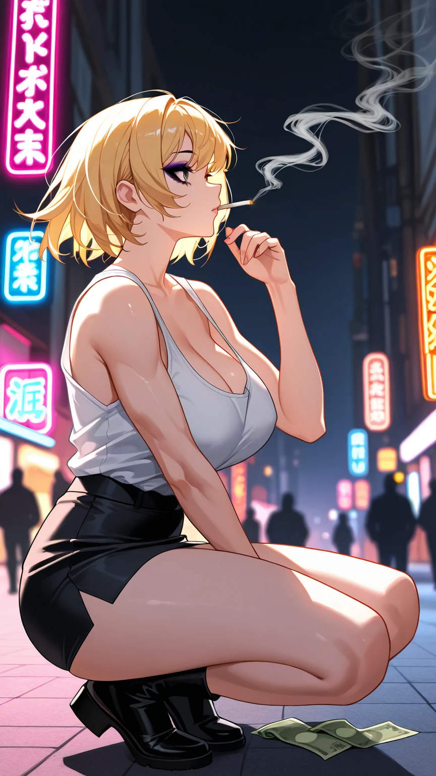 1girl, (((bimbo))),hoop earrings, big puffy lips, painted lips, thick lips.
Blonde hair, short twintails, grumpy, wide hips, thick thighs, perky breasts, bursting breasts, Nightlife, Night city, Cyberpunk city, futuristic cityscape. Neon lights, (skyscraper:1.1), Tokyo tower, palm tree, cloth sign, ramen stall, night club. bright city lights, exotic car. alcohol, bar, ramen, soup stall ,alcohol bottles, stomach blush, overflowing breasts, rounded stomach, pubic tattoo, word underbelly tattoo, cameltoe, gym shorts, sexy dolphin shorts, low hanging shorts, slutty yellow jacket, vagina liquid running down between thighs, no panties, pussy juice in between thighs, legs slightly apart, ruler tattoo, ruler tattoo with heart on top, pants fly open, covered nipples, see through tattered camisole, black camisole, twisting pose, motion lines from breasts, baseball cap, anime_screencap, flashing viewer with breasts,