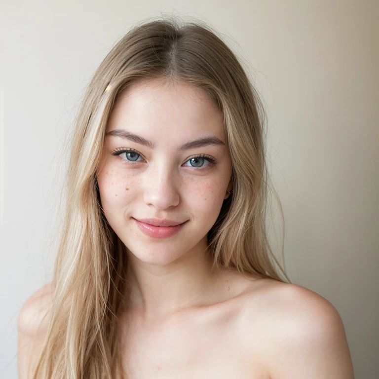 A beautiful woman with light hair pale skin eyes with heterochromia one eye green and the other gray, slim complexion with jaw marked with marked dimples and many freckles taken from the front