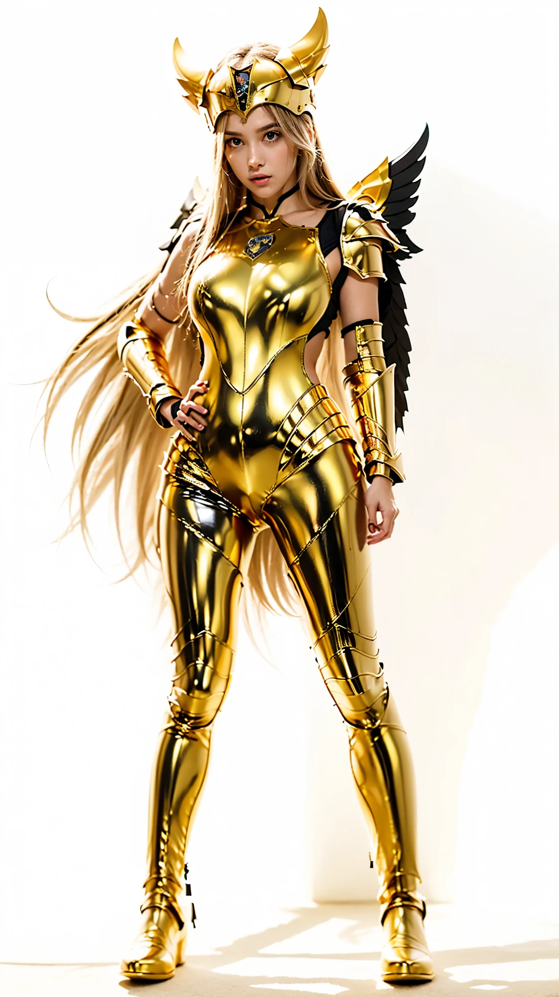 a close up of a person in a yellow suit with a yellow and black costume, garota  Knights of the Zodiac,  Knights of the Zodiac, portrait garota  Knights of the Zodiac, O Marinheiro Galaxia. bela, Golden Armor, Angelic Golden Armor , wearing golden armor, golden armor, usando golden armor, light golden armor, sleek golden armor, golden armor,  gold armor , vestindo golden armor, Belle, PERSEPHONE, (fullbody:1.8)