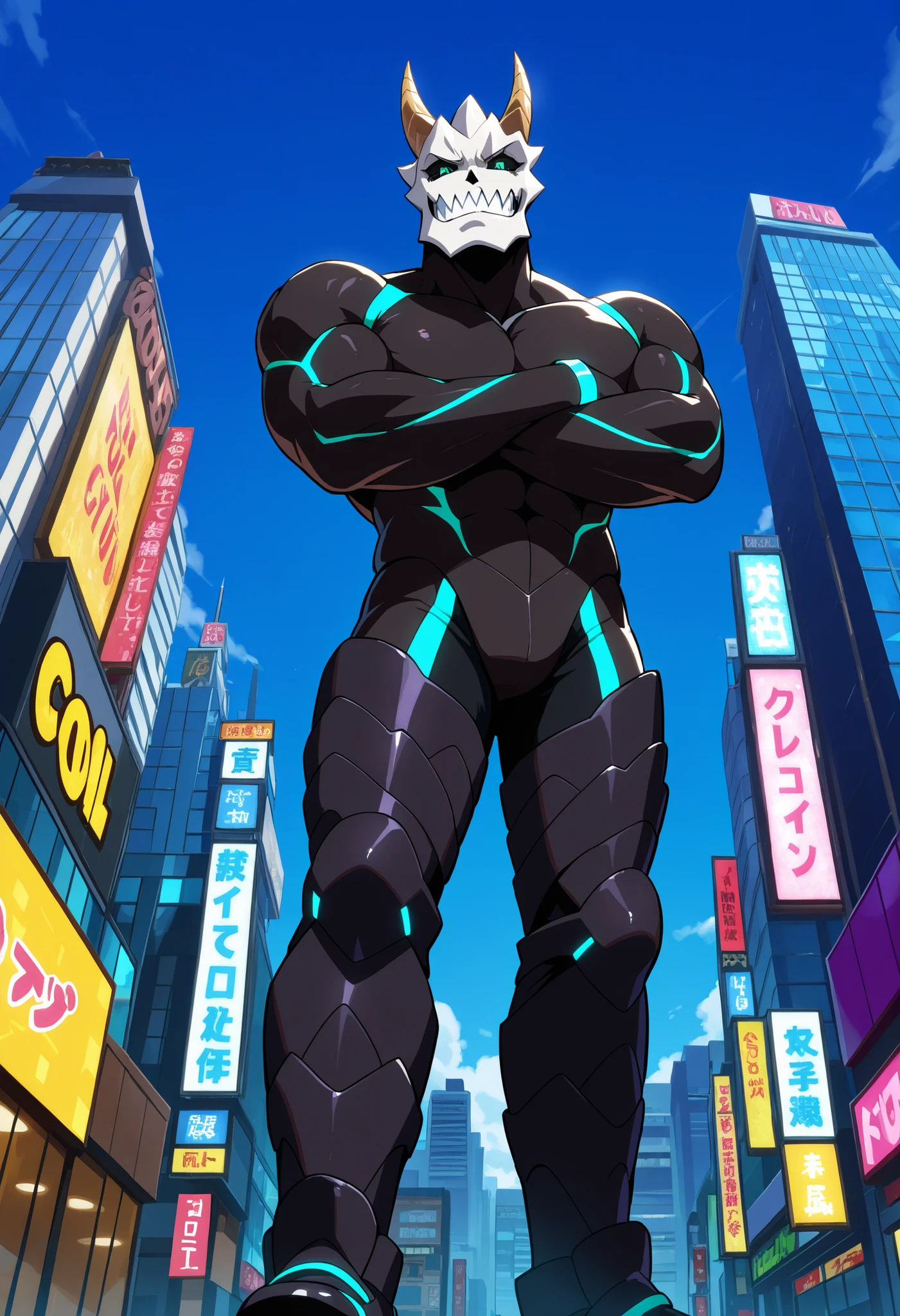 kafkakaiju, solo, buff male, horns, sharp teeth, aqua eyes, black sclera, black body, (macro in miniscule city), from below, leaning on budling, crossed arms, cool, smug, full body