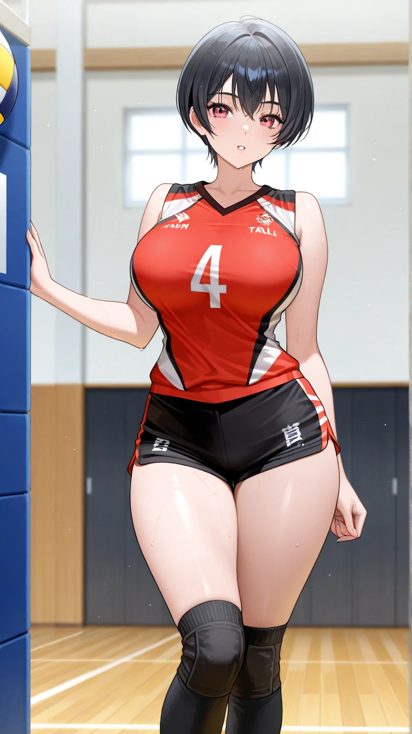 masterpiece, best quality, extremely detailed, Japanese android girl,Plump ,control panels,robot arms,robot,android,cyborg,white robot body,ceramic body,perfect robotgirl,blunt bangs,volleyball player,sports wear,blue eyes