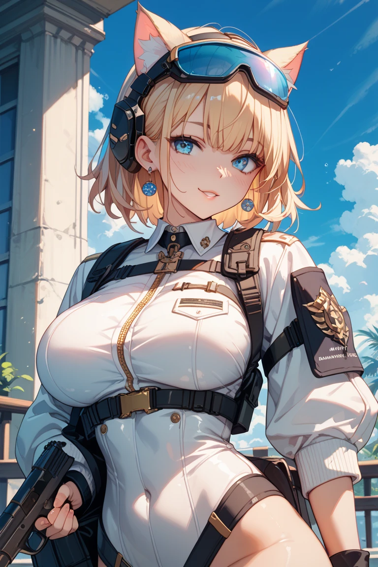 (absurdres, 8k, 4k, masterpiece, hyper extreme detailed:1.2), solo, 1girl, front view, perfect face, 1girl, portrait, expressive eyes, looking at viewer, solo, standing, Female, toned body, mature female, large breasts, pale, platinum blonde hair, long hair, dark blue eyes, swept bangs, athletic body, stoic, windy hair, moving hair, moving clothes, Dark Brown Skirt. White Shirt, German, Military, battle worn, scars, messy hair, smile, happy, heroic, perfect anatomy, friendly, heroism, light blonde hair, blue sky, sun, clouds, muscular, half body, bound,  bondage, (arms behind back:1.4), bdsm, tape gag, tape, tape bondage, restrained, best anatomy, tape wrapped, wrap gag, tightly bound, tape wrapped around face, tape above breasts, tape below breasts, standing, tape gag, platinum blonde hair, light blonde hair, button shirt, tan trench coat, medals, long hair