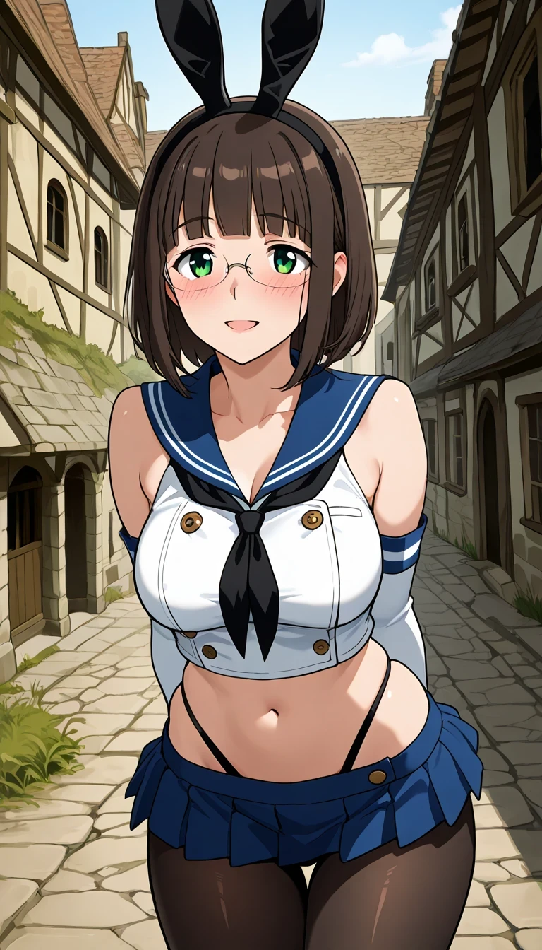 score_9, score_8_up, score_7_up, source_Anime Top Quality、8k、masterpiece、natural light、high accuracy、Perfect Anatomy、One woman、Mature Woman、medium chest、saggy breasts:1.5, short hair, dark brown hair, blunt bangs, green eyes, rimless eyewear,( Happy Expression 、blush、The highlight in my eyes)、shimakazecosplay, highleg panties, black neckerchief, microskirt, pantyhose, highleg, black panties, elbow gloves, thong, blue sailor collar, white gloves, crop top, sailor collar, blue skirt, black hairband, bunny ears, ((medieval European landscape))