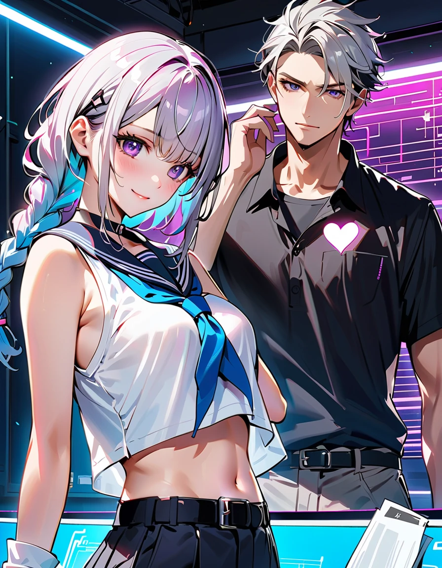 ((Masterpiece)), best quality, absurderes, ultra detailed, holographic, cowboy shot, golden ratio, super cute girl, mature girl, idol girl, super beautiful asian girl with very beautiful violet glowing eyes, beautiful glowing brown multicolored hair, high ponytail, nice and sexy body, slim body, perfect body, wearing a super tight anime printed leotard, an anime printed super tight off shoulder long sleeve crop top, a super aesthetic transparent mini jacket, beautiful hair ornament, pink jordan tennis, being photographed in a mall shop, with her handsome skinny boyfriend, with black messy glowing hair and super casual clothing
