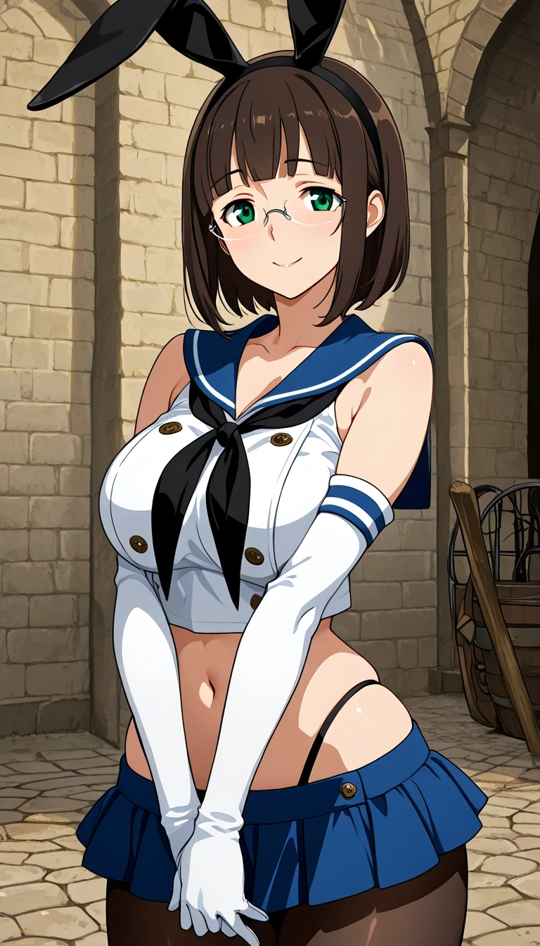 score_9, score_8_up, score_7_up, source_Anime Top Quality、8k、masterpiece、natural light、high accuracy、Perfect Anatomy、One woman、Mature Woman、medium chest、saggy breasts:1.5, short hair, dark brown hair, blunt bangs, green eyes, rimless eyewear,( Happy Expression 、fun expression、The highlight in my eyes)、shimakazecosplay, highleg panties, black neckerchief, microskirt, pantyhose, highleg, black panties, elbow gloves, thong, blue sailor collar, white gloves, crop top, sailor collar, blue skirt, black hairband, bunny ears, ((medieval European landscape))、hands crossed behind