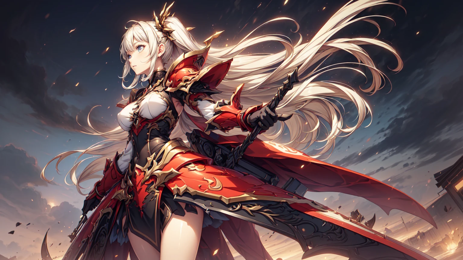 Girl with long white straight hair and medium chest，helmet，black tights，red full body armor，cleavage，Red skirt，underwear，ax，medieval european city