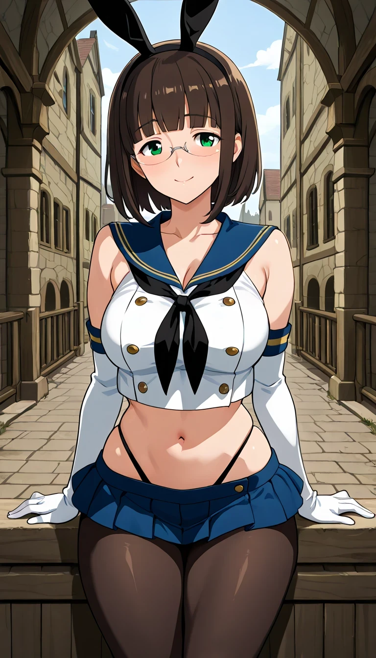 score_9, score_8_up, score_7_up, source_Anime Top Quality、8k、masterpiece、natural light、high accuracy、Perfect Anatomy、One woman、Mature Woman、medium chest、saggy breasts:1.5, short hair, dark brown hair, blunt bangs, green eyes, rimless eyewear,( Happy Expression 、fun expression、The highlight in my eyes)、shimakazecosplay, highleg panties, black neckerchief, microskirt, pantyhose, highleg, black panties, elbow gloves, thong, blue sailor collar, white gloves, crop top, sailor collar, blue skirt, black hairband, bunny ears, ((medieval European landscape))、back view、looking back at the drugstore