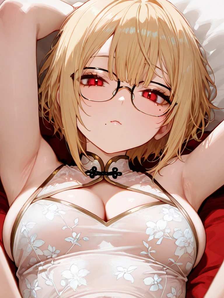 bmb-fc, sunny, bodycon dress, 1girl, face, demon woman , (masterpiece, best quality), 1onigirl, short hair, red eyes, demon horns, 18 years old, kneeling pose, show armpit, platinum blonde hair, high and long ponytail hair, plump lips, bimbo lips, huge breast, hourglass figure, sleepy face, exposed navel, glasses, super hot slut outfit, super tight white tube top, super tight mini shorts, choker, bedroom, thighhighs,