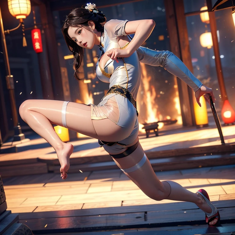 High horsehair,long whitr hair,MaiShiranui,king of fighter,Brown hair,A faint glow on the face,Delicate and beautiful face,mesmerizing eyes,rosy lips,Slender neck and delicate collarbone,with perfect arms,delicate finger,(gigantic cleavage breasts:1.2),(tit:1.5),Protruding ,Slim and smooth waist,Rounded and elastic buttocks,Very nice long legs,perfect body figure,Firm skin,(Delicate:1.5),Moist body,Various postures,(dripping wet body: 1.3),lacepantyhose((ssee-through:1.5)),Silk tights((ssee-through:1.5)),Not wearing Bra,does not wear panties,Wet,jewelry,On the street,facing at camera,(tmasterpiece:1.5)。Cinema - 4D perspective,3D,ultra-realistic realism,in a panoramic view,facing at camera,depth of fields,Very detailed,k hd,8K,hyper HD,Hyper-detailing,high detal,high qulity,((Finger details)),((Extra legs)),((Extra hands))。